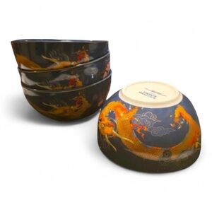 Williams Sonoma Retired Lunar New Year Blue Wrapping Dragon Rice Bowls Set of 4